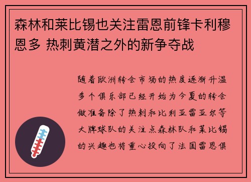 森林和莱比锡也关注雷恩前锋卡利穆恩多 热刺黄潜之外的新争夺战