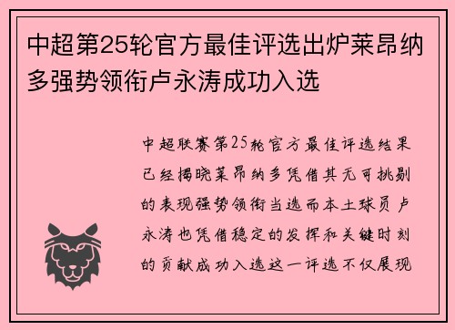 中超第25轮官方最佳评选出炉莱昂纳多强势领衔卢永涛成功入选